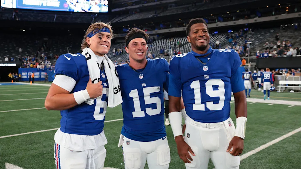Jaxson Dart, Tommy DeVito and Jameis Winston of the New York Giants