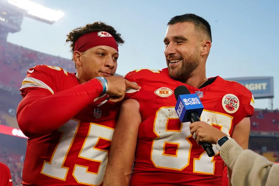 Kansas City Chiefs quarterback Patrick Mahomes (15) and tight end Travis Kelce (87).Jay Biggerstaff-Imagn Images