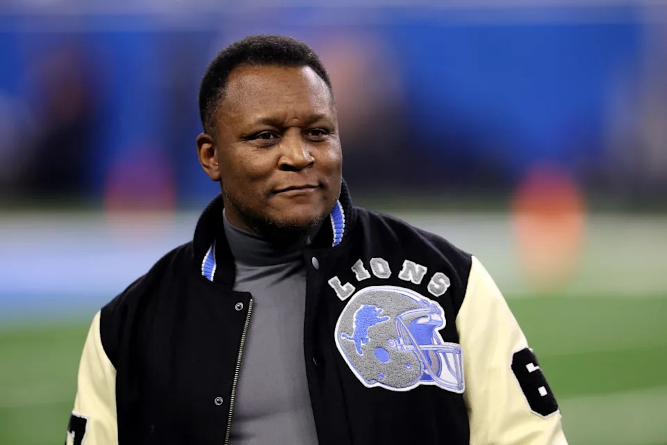 DETROIT, MICHIGAN - JANUARY 14: Former NFL player Barry Sanders of the Detroit Lions reacts during the first half between the Los Angeles Rams and Detroit Lions in the NFC Wild Card Playoffs at Ford Field on January 14, 2024 in Detroit, Michigan. (Photo by Gregory Shamus/Getty Images)Gregory Shamus/Getty Images