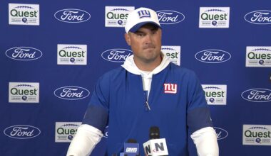 Asst. HC/OC Mike Kafka, DC Shane Bowen, STC Michael Ghobrial, QB Russell Wilson, WR Malik Nabers 