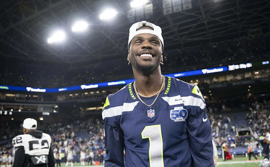 Seattle Seahawks wide receiver Marquez Valdes-Scantling (1) looks on after the Seattle Seahawks and Las Vegas Raiders 23-23 game at Lumen Field, on Thursday, Aug. 7, 2025, in Seattle, Wash.