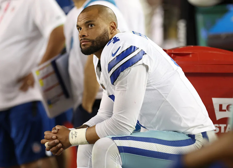 SANTA CLARA, CALIFORNIA - OCTOBER 08: Dak Prescott #4 of the Dallas Cowboys reacts on the bench during the fourth quarter against the San Francisco 49ers at Levi's Stadium on October 08, 2023 in Santa Clara, California. (Photo by Ezra Shaw/Getty Images)Ezra Shaw&sol;Getty Images