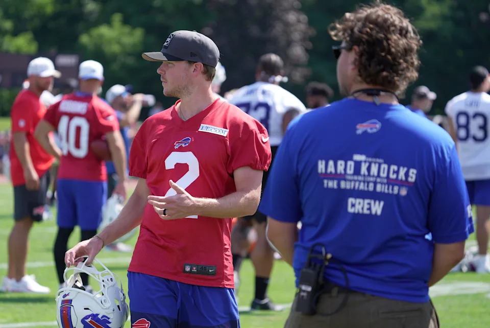 Buffalo Bills place kicker Tyler Bass looks over towards a teammate after leaving the field at the Buffalo Bills training camp at St. John Fisher University in Pittsford on July 24, 2025.
