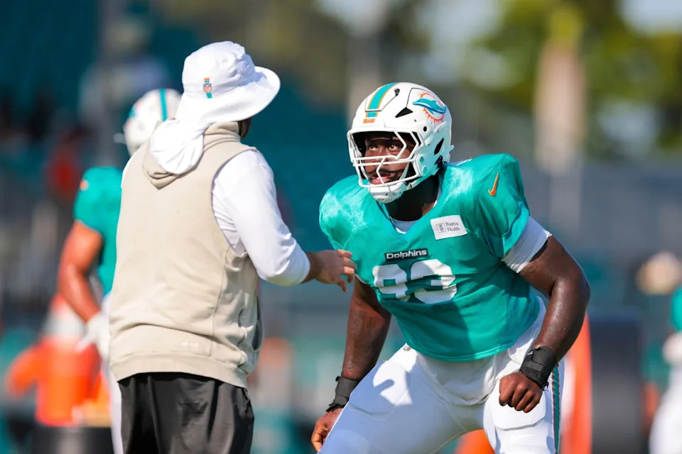 Jul 29, 2025; Miami Gardens, FL, USA; Miami Dolphins defensive tackle Zeek Biggers (93) works on the field during training camp at Baptist Health Training Complex.