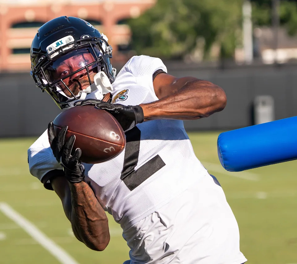Jacksonville Jaguars cornerback Jourdan Lewis (2) hauls in a pass while running drills during an NFL training camp fifth session at the Miller Electric Center, Monday, July 28, 2025, in Jacksonville, Fla. [Doug Engle/Florida Times-Union]