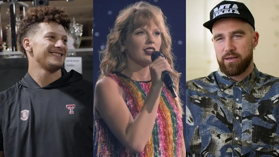  From left to right: Patrick Mahomes smiling in Quarterback, Taylor Swift singing into a mic during the Reputation tour and Travis Kelce in Kelce. 