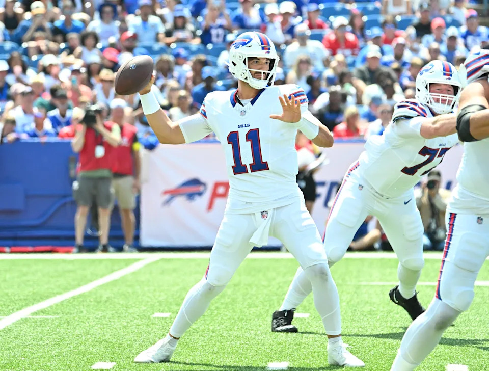Aug 9, 2025; Orchard Park, New York, USA; Buffalo Bills quarterback Mitchell Trubisky (11) throws a pass in the second quarter against the New York Giants at Highmark Stadium. Mandatory Credit: Mark Konezny-Imagn Images