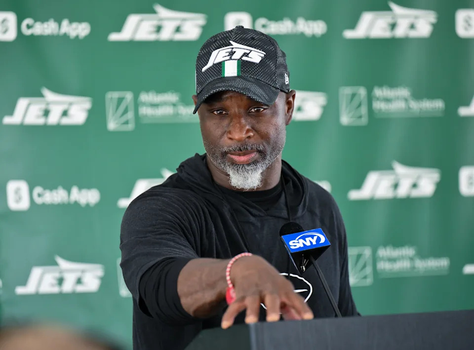 Jul 25, 2025; Florham Park, NJ, USA; New York Jets head coach Aaron Glenn speaks to the media during training camp at Atlantic Health Jets Training Center. Mandatory Credit: John Jones-Imagn Images