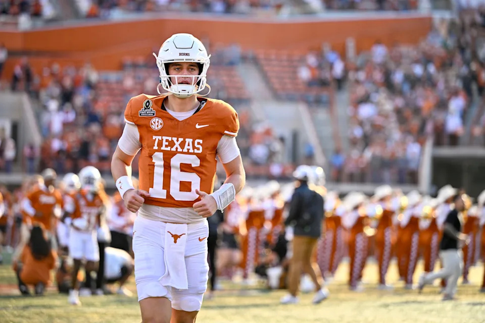 Dec 21, 2024; Austin, Texas, USA; Texas Longhorns quarterback Arch Manning (16) takes the field before the game between the Texas Longhorns and the Clemson Tigers in the CFP National Playoff First Round at Darrell K Royal-Texas Memorial Stadium. Mandatory Credit: Jerome Miron-Imagn Images