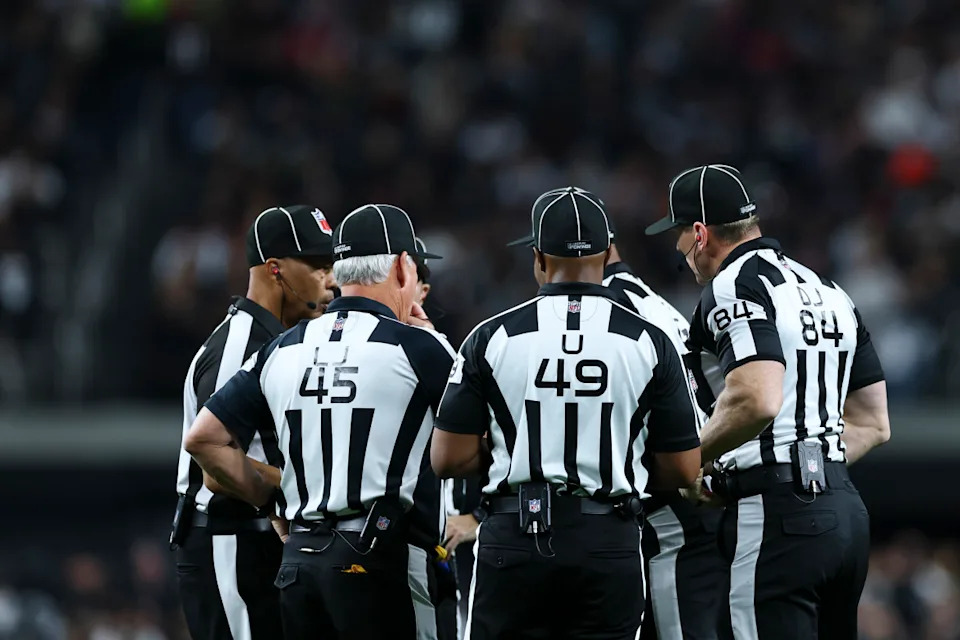 LAS VEGAS, NEVADA - DECEMBER 16: Game officials huddle during the first half between the Las Vegas Raiders and the Atlanta Falcons at Allegiant Stadium on December 16, 2024 in Las Vegas, Nevada. (Photo by Aaron M. Sprecher/Getty Images)Aaron M. Sprecher/Getty Images