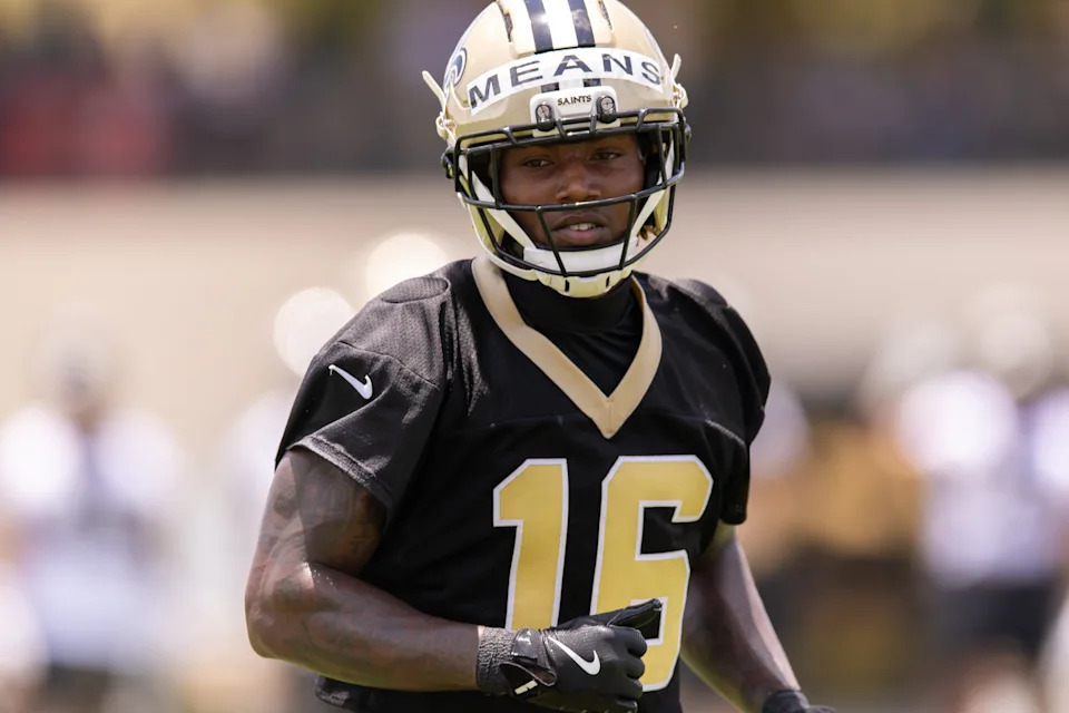 Jun 10, 2025; New Orleans, LA, USA; New Orleans Saints wide receiver Bub Means (16) during receiver drills during minicamp at Ochsner Sports Performance Center. Mandatory Credit: Stephen Lew-Imagn Images