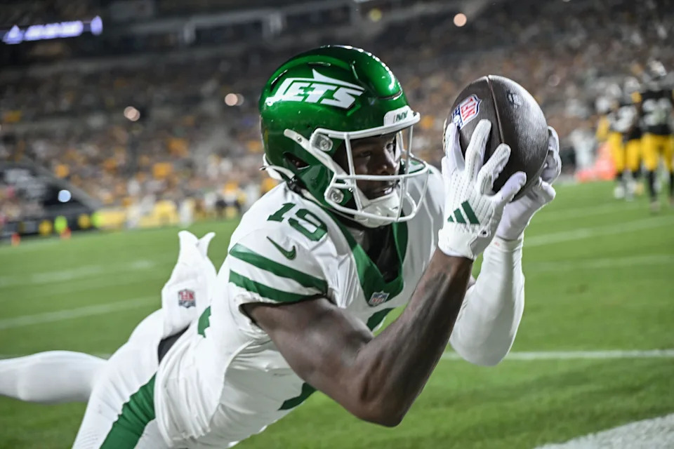 Oct 20, 2024; Pittsburgh, Pennsylvania, USA; New York Jets wide receiver Irvin Charles (19) attempts to catch a pass against the Pittsburgh Steelers during the third quarter at Acrisure Stadium. Mandatory Credit: Barry Reeger-Imagn Images
