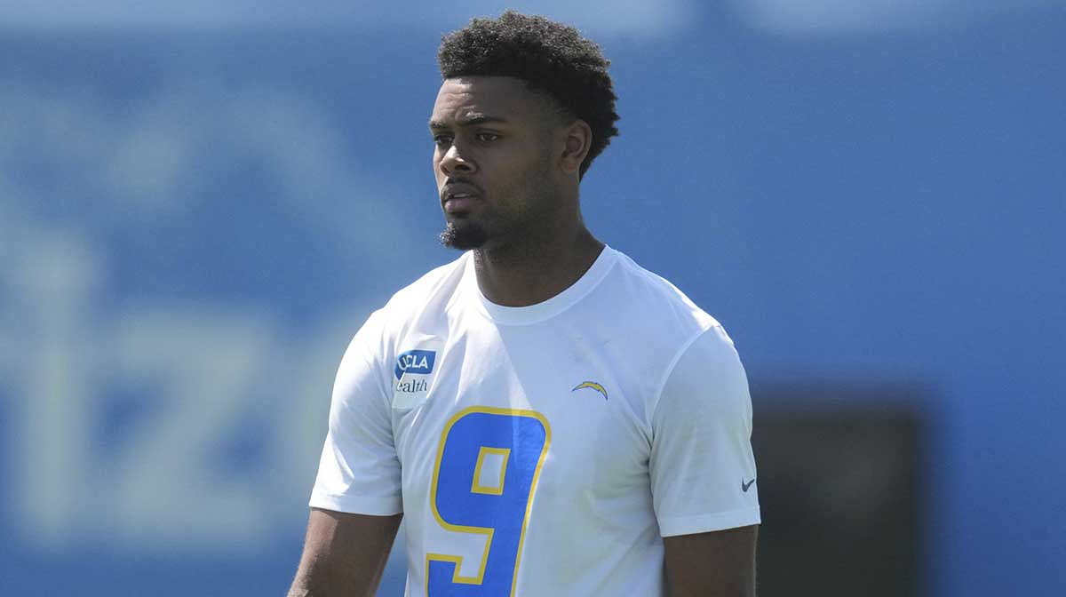 Los Angeles Chargers receiver Tre Harris (9) looks on during offseason workouts at The Bolt.