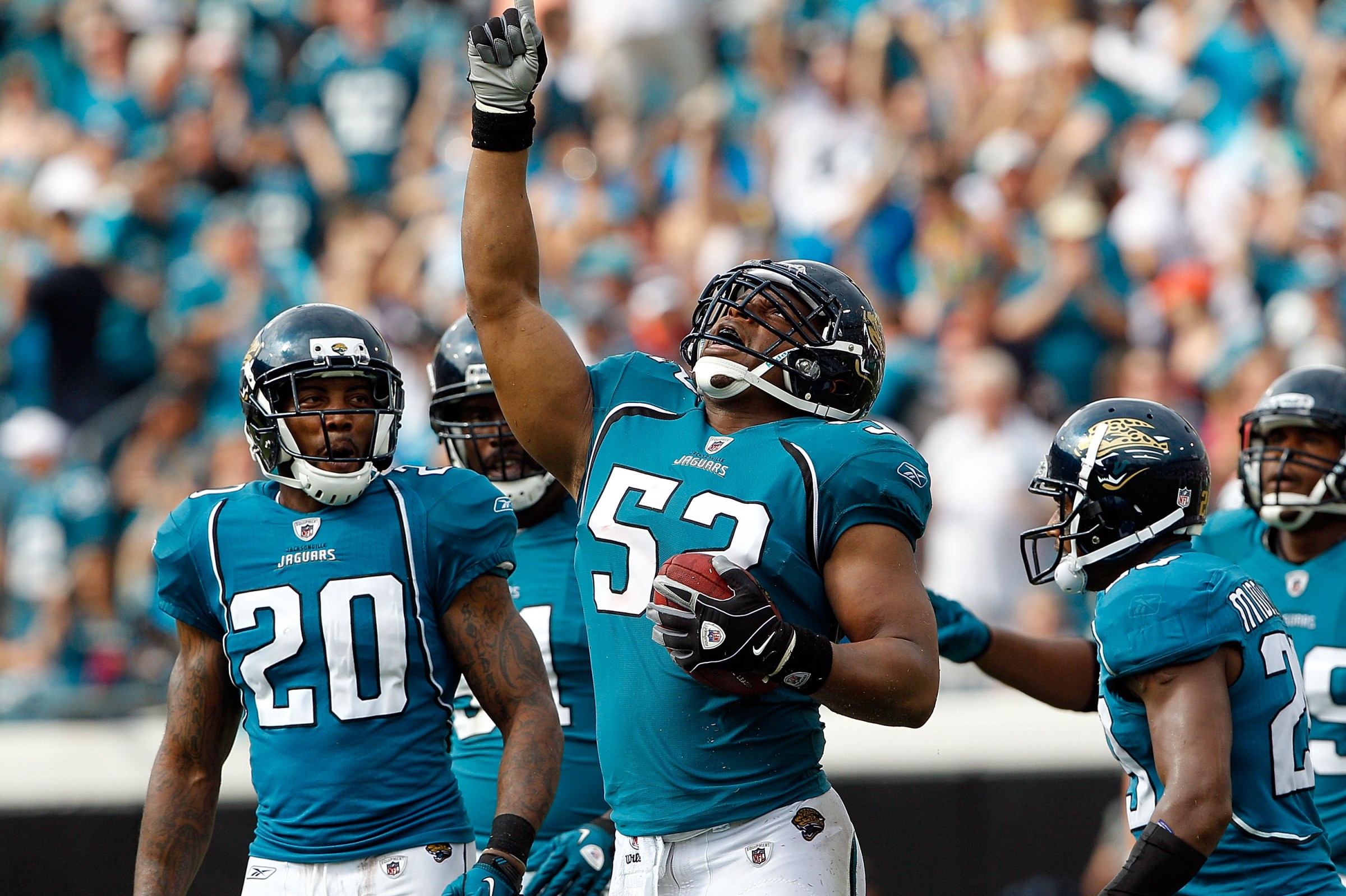JACKSONVILLE, FL - SEPTEMBER 12: Daryl Smith #52 of the Jacksonville Jaguars celebrates after making an interception during the NFL season opener game against the Denver Broncos at EverBank Field on September 12, 2010 in Jacksonville, Florida. (Photo by Sam Greenwood/Getty Images)