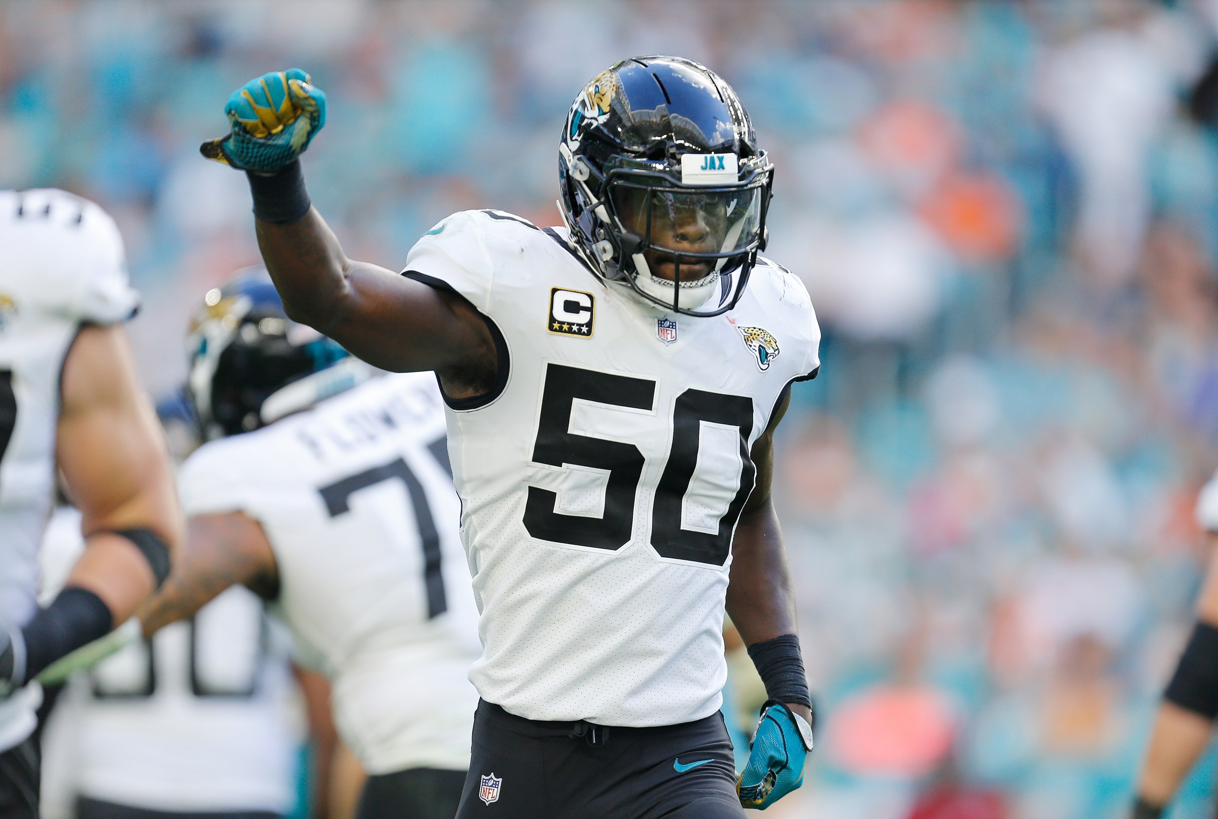 MIAMI, FL - DECEMBER 23: Telvin Smith #50 of the Jacksonville Jaguars celebrates after returning a interception for a touchdown against the Miami Dolphins at Hard Rock Stadium on December 23, 2018 in Miami, Florida. (Photo by Michael Reaves/Getty Images)