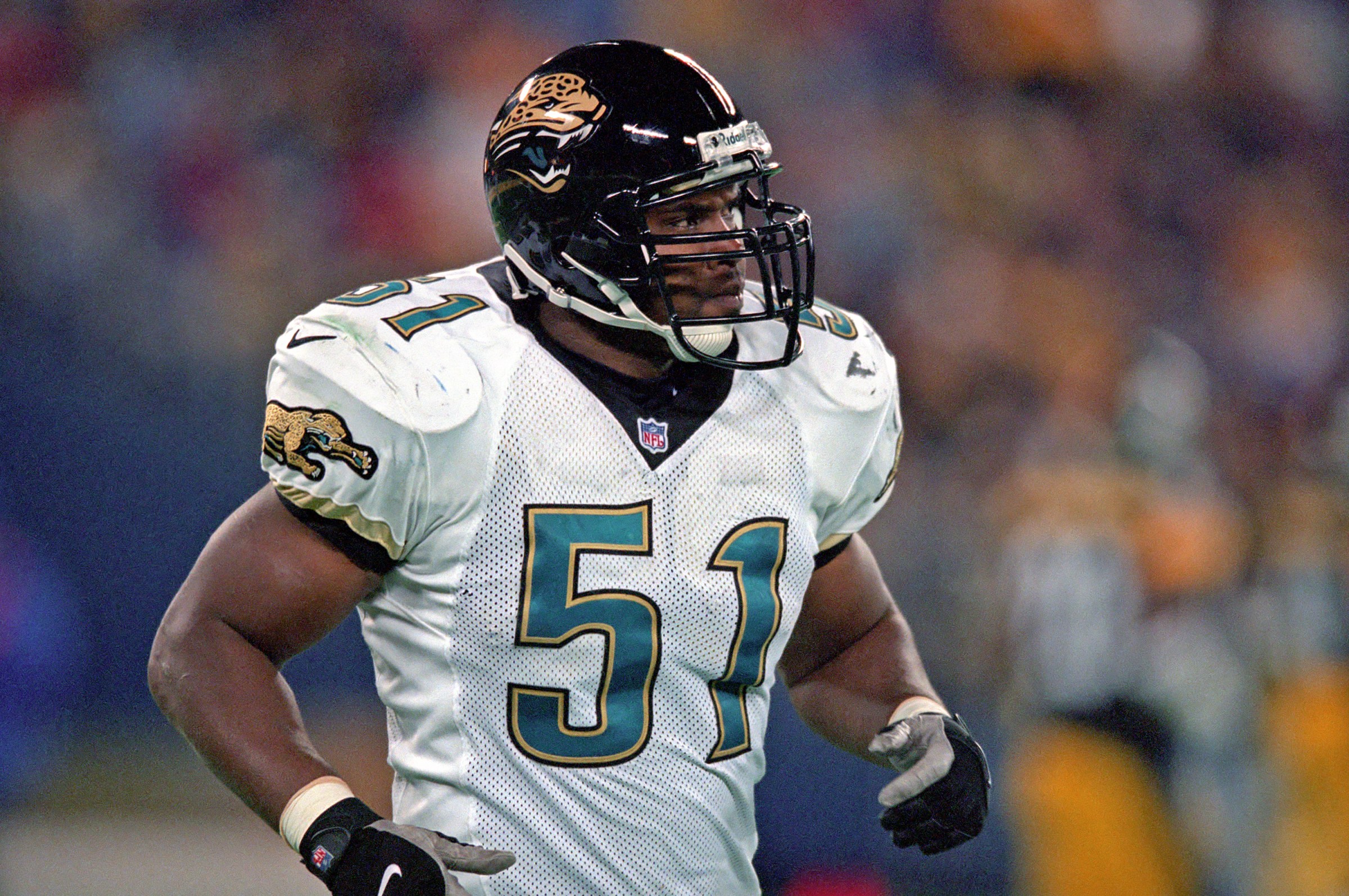 PITTSBURGH, PA - NOVEMBER 19: Linebacker Kevin Hardy #51 of the Jacksonville Jaguars looks on from the field during a game against the Pittsburgh Steelers at Three Rivers Stadium on November 19, 2000 in Pittsburgh, Pennsylvania. The Jaguars defeated the Steelers 34-24. (Photo by George Gojkovich/Getty Images)