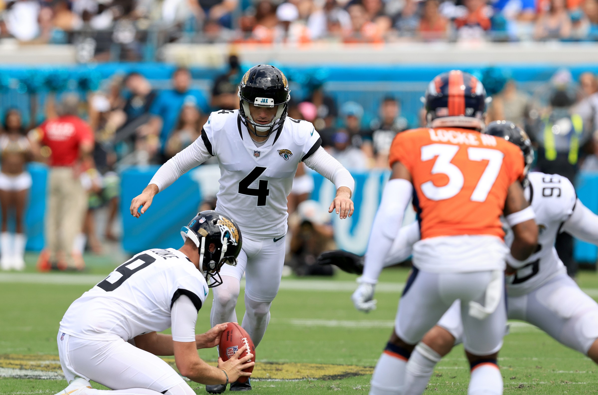 JACKSONVILLE, FLORIDA - SEPTEMBER 19: Josh Lambo #4 of the Jacksonville Jaguars attempts a field goal during the game against the Denver Broncos at TIAA Bank Field on September 19, 2021 in Jacksonville, Florida. (Photo by Sam Greenwood/Getty Images)