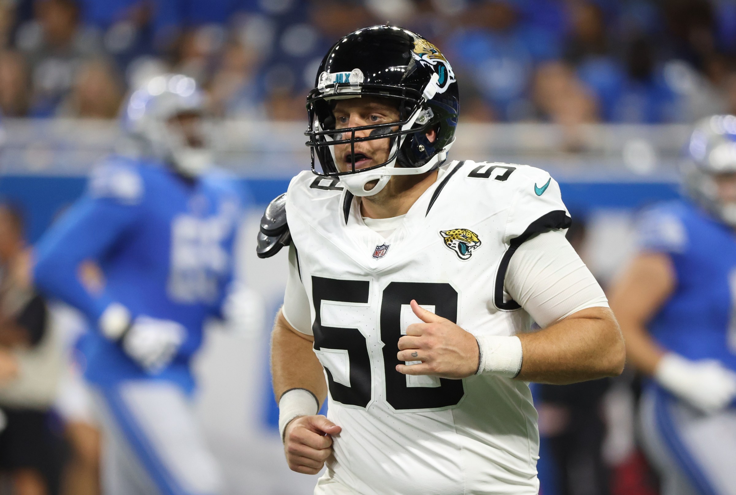 Jacksonville Jaguars long snapper Carson Tinker (58) is seen during the second half of an NFL preseason football game against the Detroit Lions in Detroit, Michigan USA, on Saturday, August 19, 2023. (Photo by Jorge Lemus/NurPhoto via Getty Images)