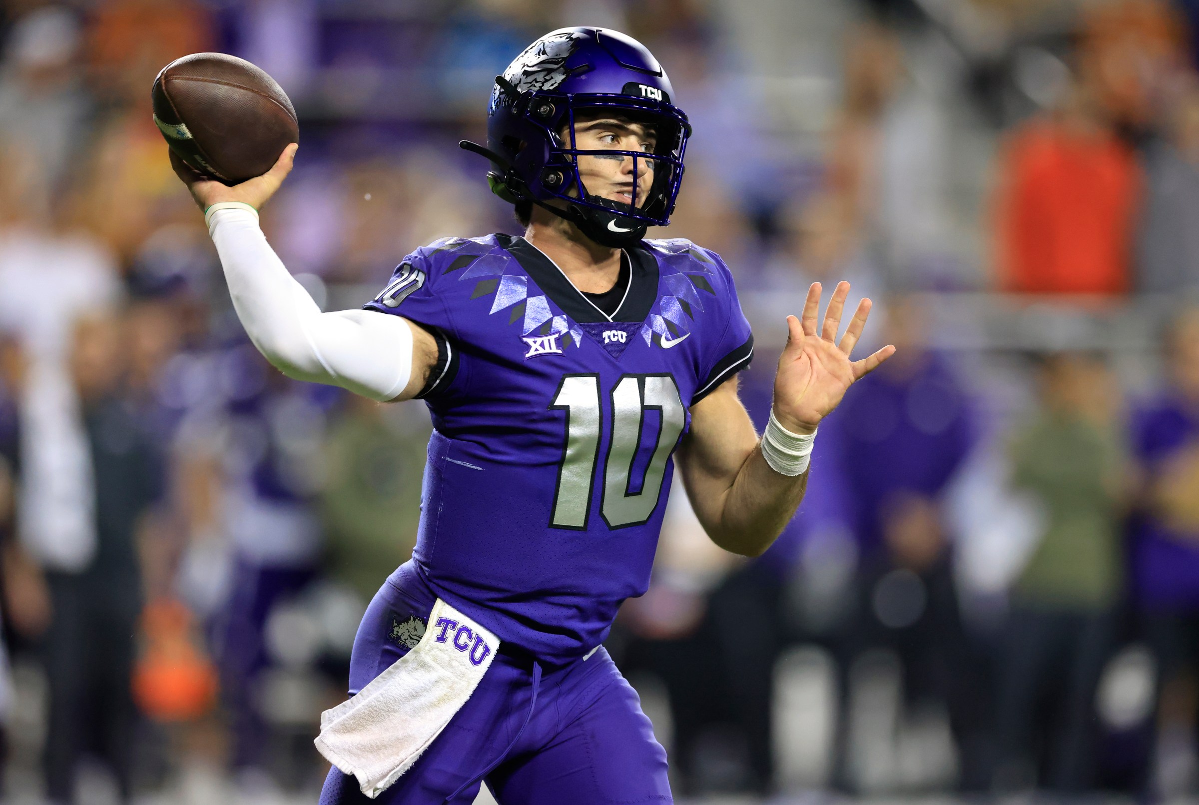 FORT WORTH, TX - NOVEMBER 11: Josh Hoover #10 of the TCU Horned Frogs looks to throw against the Texas Longhorns during the 2nd half at Amon G. Carter Stadium on November 11, 2023 in Fort Worth, Texas. (Photo by Ron Jenkins/Getty Images)