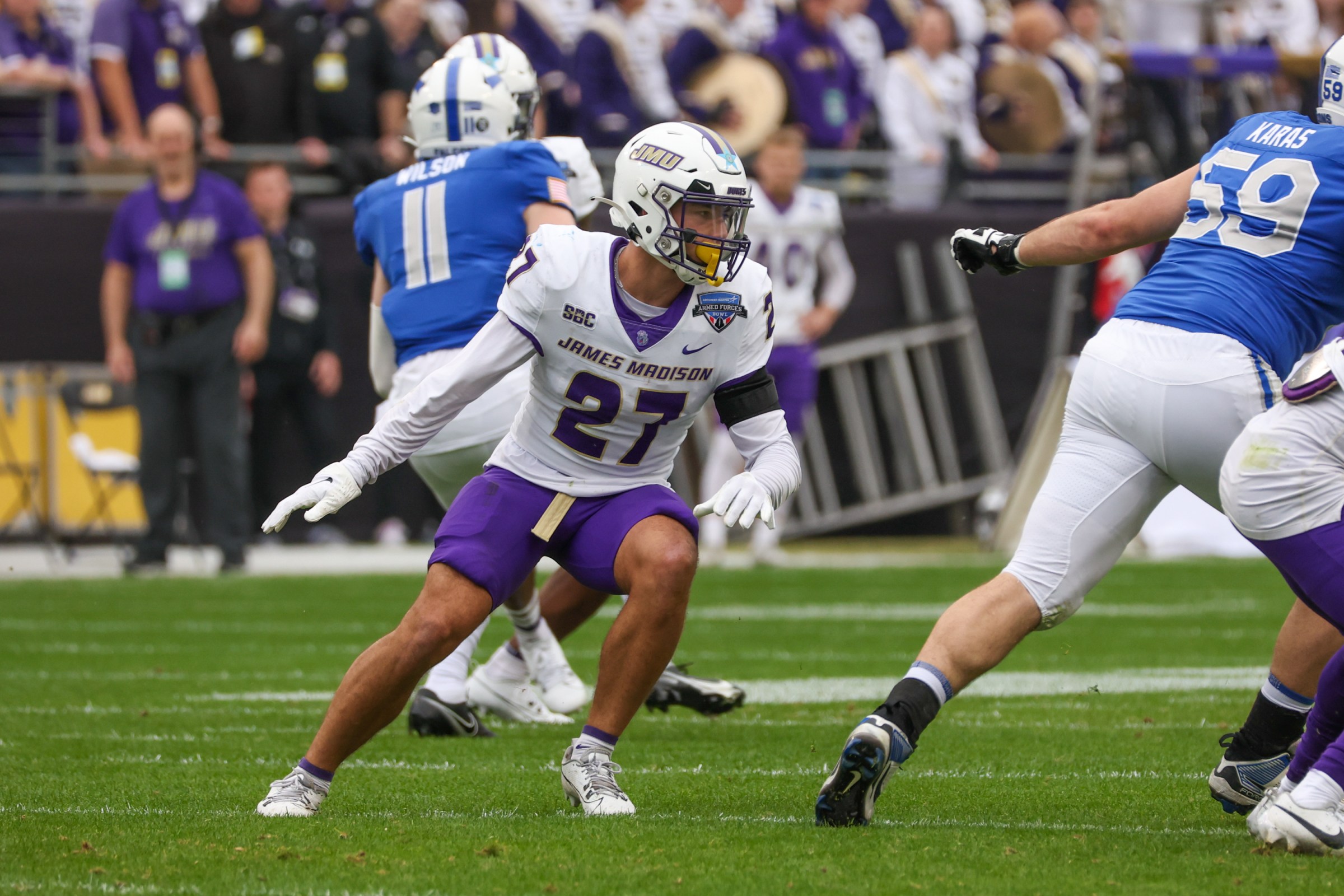 FORT WORTH, TX - DECEMBER 23: James Madison Dukes safety Jacob Thomas (27) reacts to the play during the Lockheed Martin Armed Forces Bowl between the James Madison Dukes and the Air Force Falcons on December 23, 2023 at Amon G. Carter Stadium in Fort Worth, TX. (Photo by George Walker/Icon Sportswire via Getty Images)