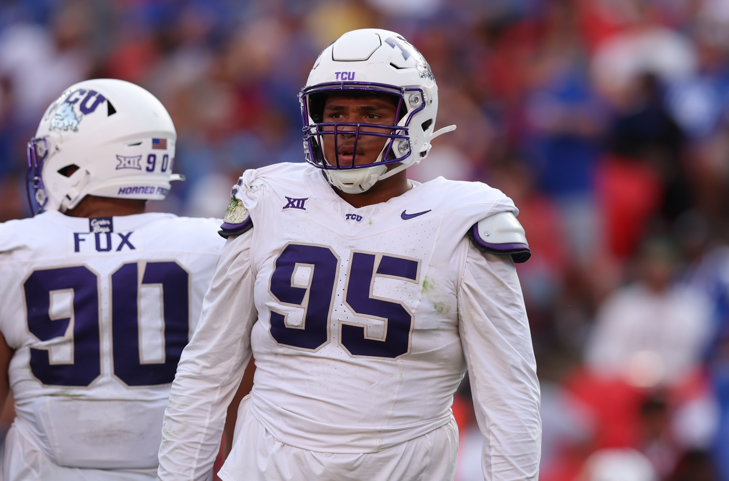 KANSAS CITY, MO - SEPTEMBER 28: TCU Horned Frogs defensive lineman Markis Deal (95) in the third quarter of a Big 12 football game between the TCU Horned Frogs and Kansas Jayhawks on September 28, 2024 at GEHA Field at Arrowhead Stadium in Kansas City, MO. (Photo by Scott Winters/Icon Sportswire via Getty Images)