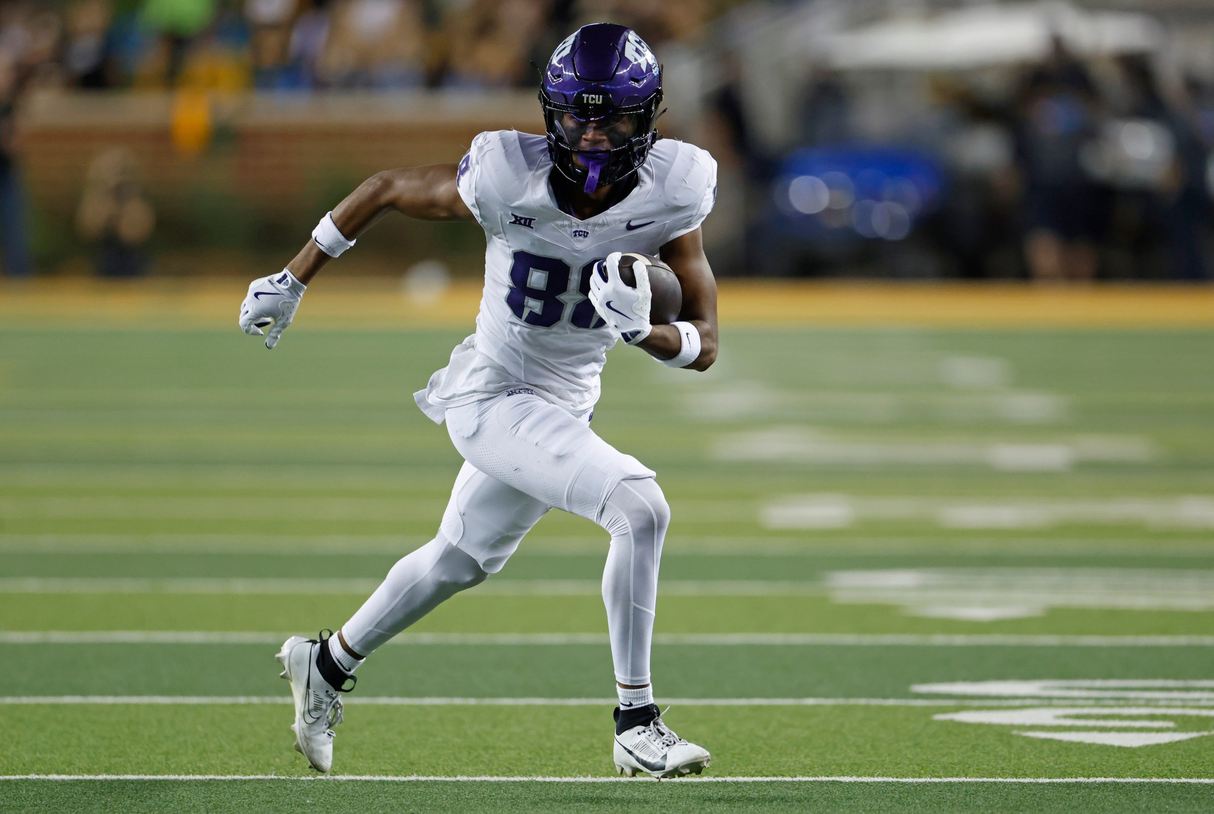 WACO, TX - NOVEMBER 2: Eric McAlister #88 of the TCU Horned Frogs carries the ball against the Baylor Bears during the game at McLane Stadium on November 2, 2024 in Waco, Texas. (Photo by Ron Jenkins/Getty Images)