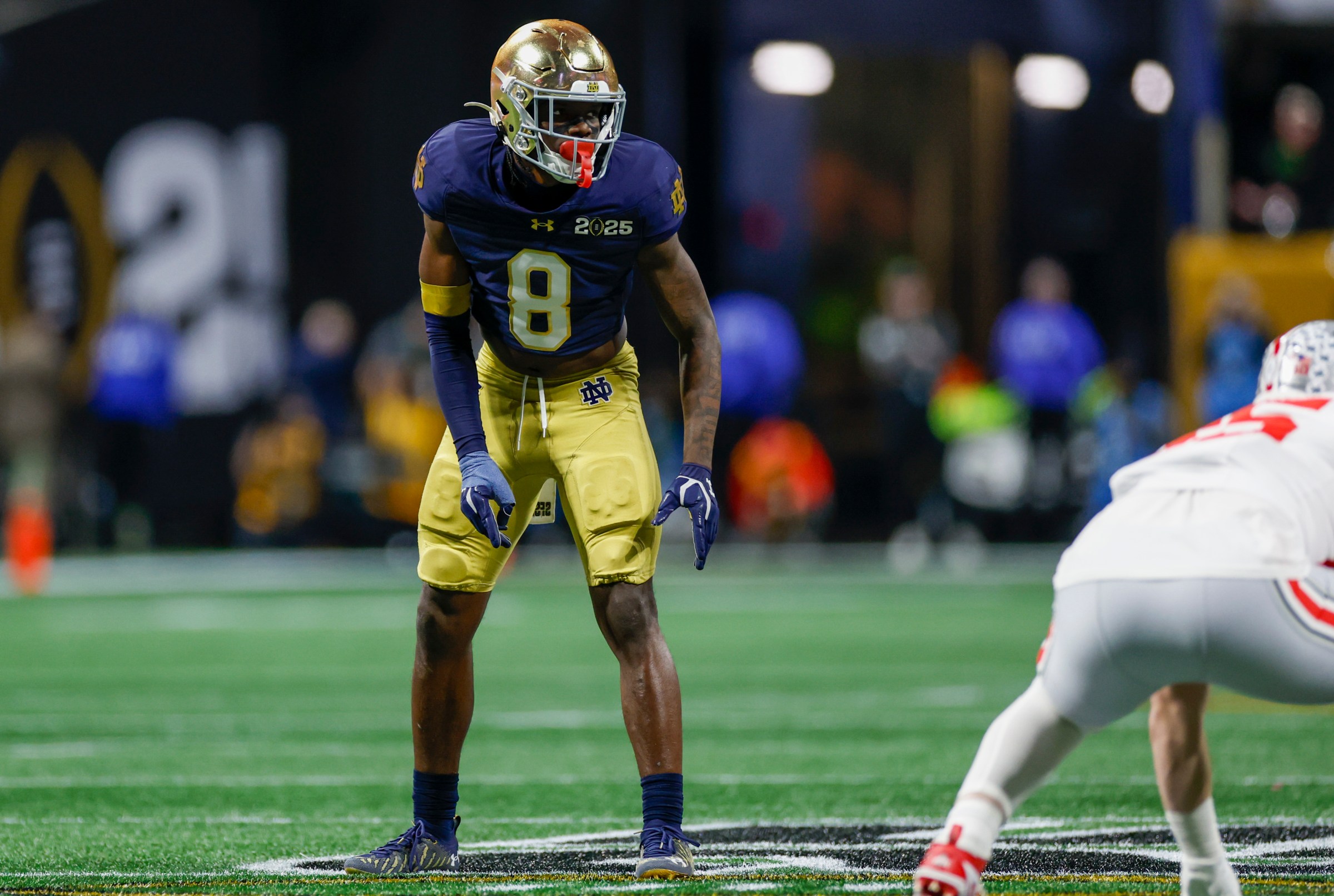 ATLANTA, GA - JANUARY 20: Safety Adon Shuler #8 of the Notre Dame Fighting Irish lines up for a play during the Ohio State Buckeyes versus Notre Dame Fighting Irish College Football Playoff National Championship game on January 20, 2025, at Mercedes-Benz Stadium in Atlanta, GA. (Photo by David Rosenblum/Icon Sportswire via Getty Images)