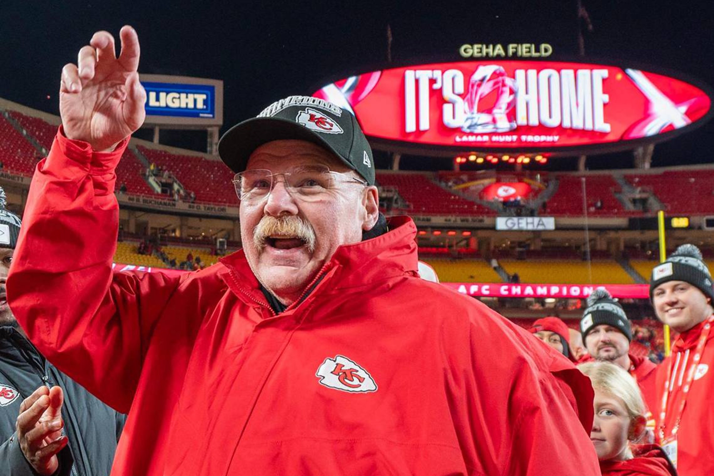 Kansas City Chiefs head coach Andy Reid walks off the field after the trophy ceremony following the Chiefs’ 32-29 victory over the Buffalo Bills in the AFC Championship game on Sunday, Jan. 26, 2025, at GEHA Field at Arrowhead Stadium in Kansas City, Missouri. (Emily Curiel/The Kansas City Star/Tribune News Service via Getty Images)