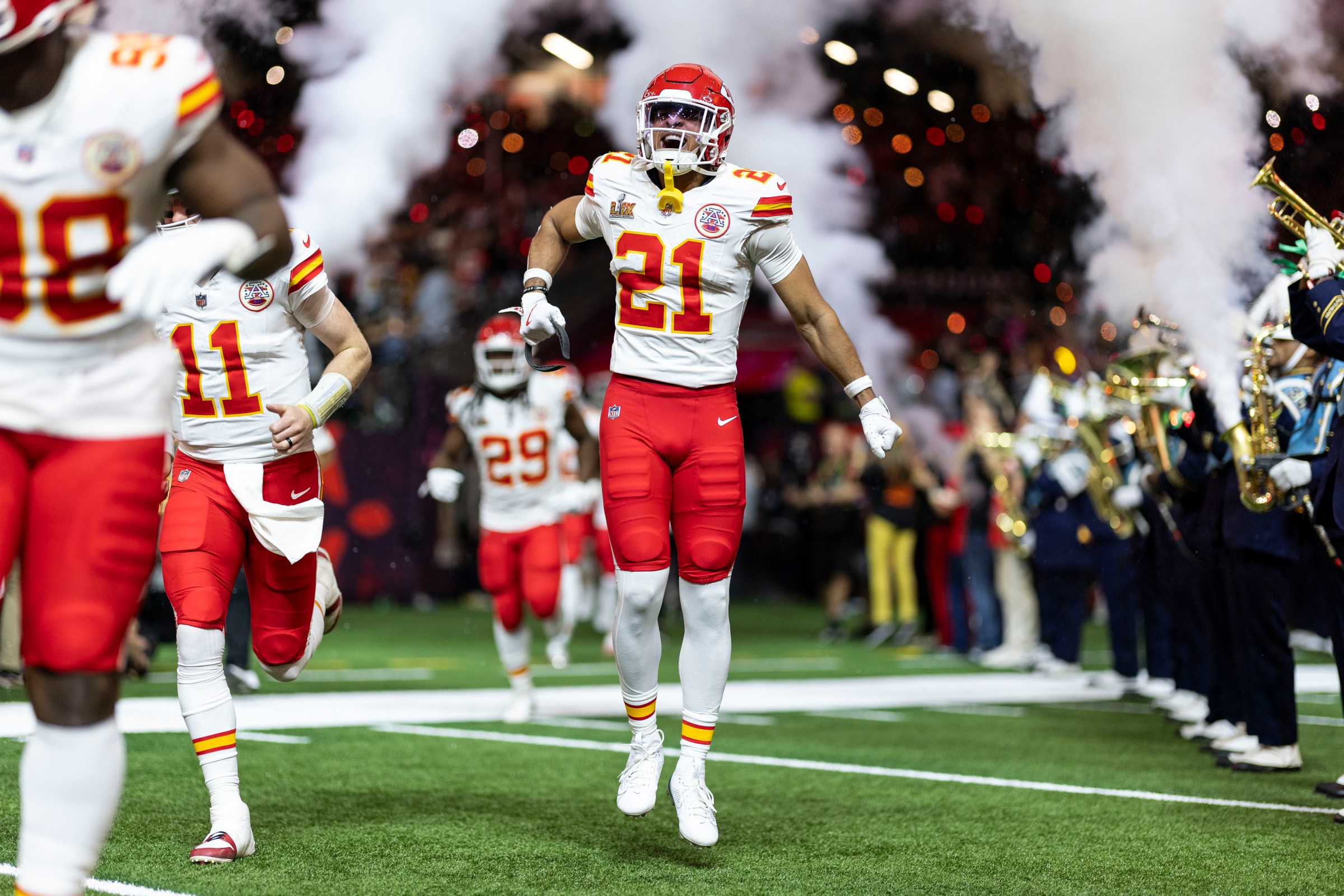 NEW ORLEANS, LOUISIANA - FEBRUARY 9: Jaden Hicks #21 of the Kansas City Chiefs reacts as he takes the field prior to Super Bowl LIX against the Philadelphia Eagles at Caesars Superdome on February 09, 2025 in New Orleans, Louisiana. (Photo by Michael Owens/Getty Images)