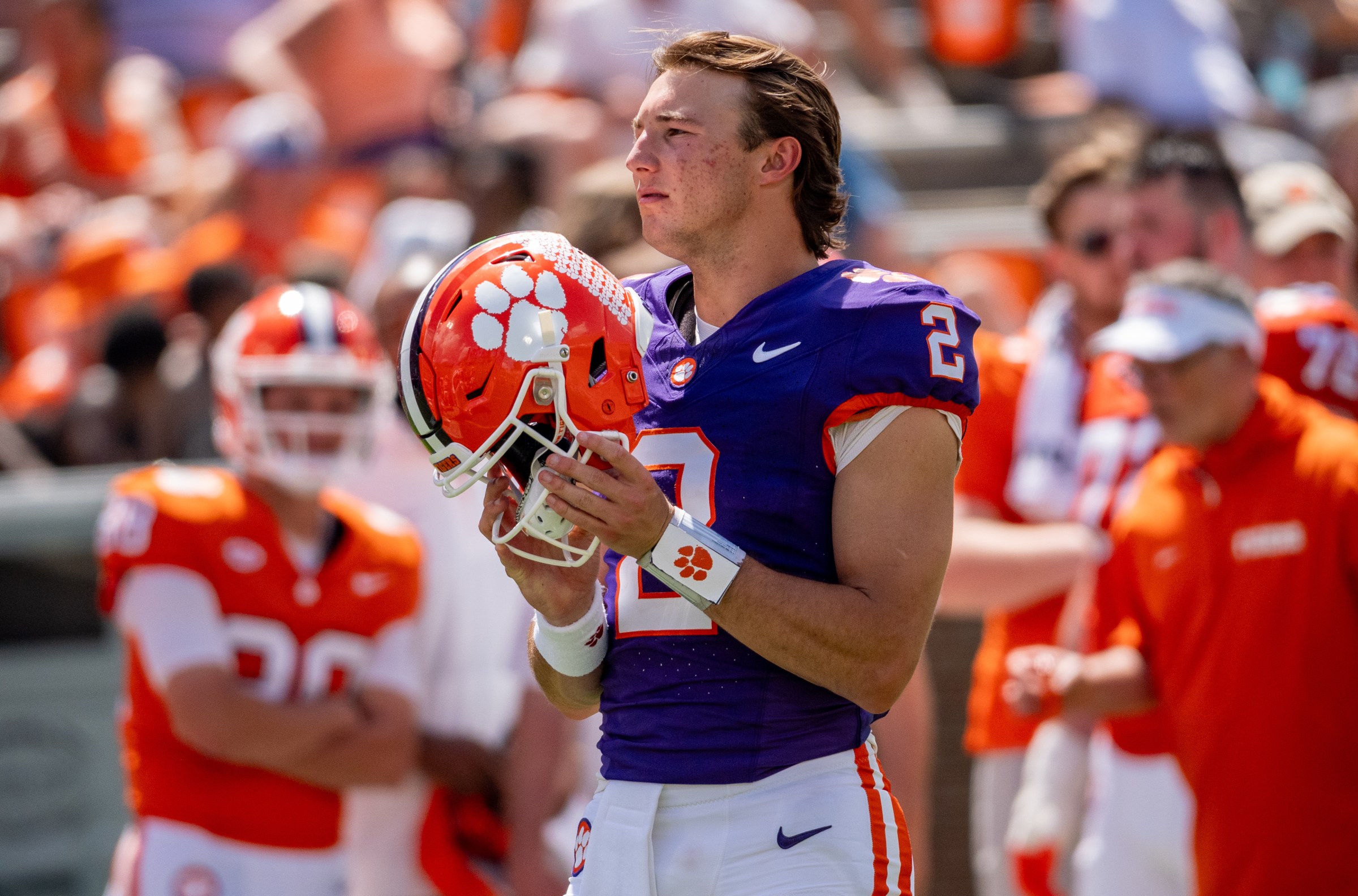 CLEMSON, SOUTH CAROLINA - APRIL 05: Cade Klubnik #2 of the Clemson Tigers looks on during the spring game at Memorial Stadium on April 05, 2025 in Clemson, South Carolina. (Photo by Jacob Kupferman/Getty Images for ONIT)