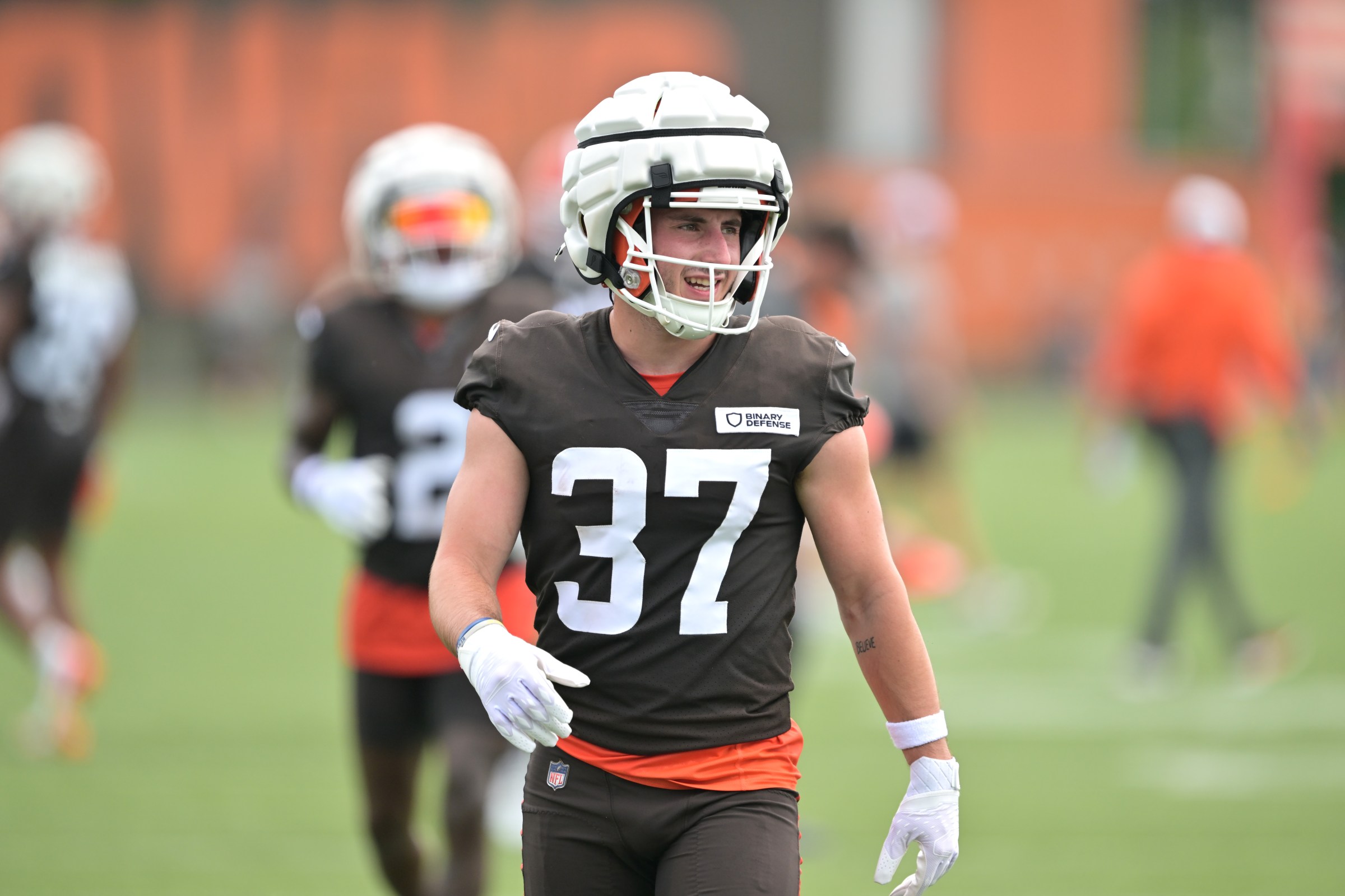 BEREA, OHIO - JULY 25: Wide receiver Luke Floriea #37 of the Cleveland Browns watches during training camp at CrossCountry Mortgage Campus on July 25, 2025 in Berea, Ohio. (Photo by Jason Miller/Getty Images)
