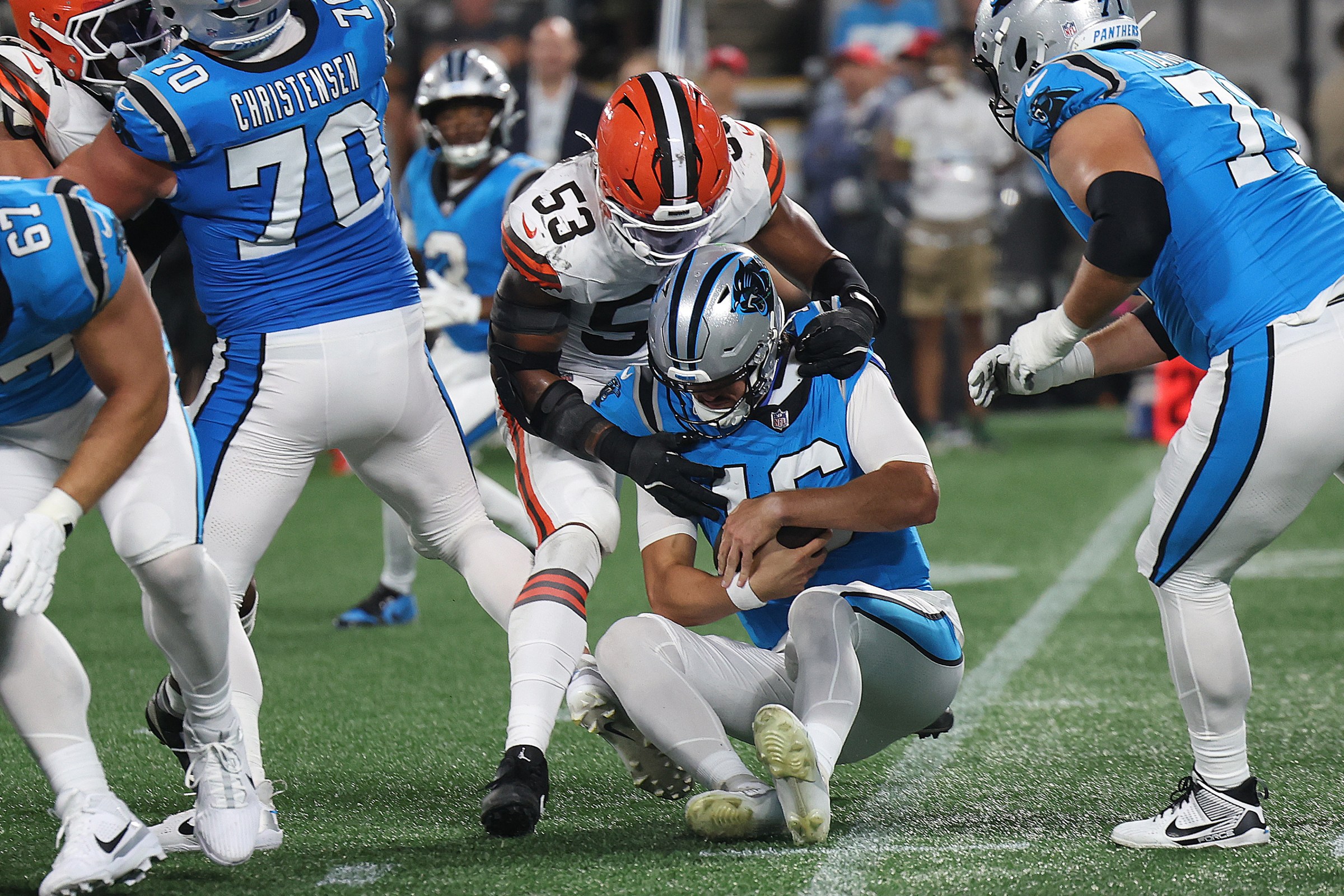 CHARLOTTE, NC - AUGUST 08: Cleveland Browns defensive end Julian Okwara (53) sacks Carolina Panthers quarterback Jack Plummer (16) during a NFL preseason football game between the Cleveland Browns and the Carolina Panthers on August 8, 2025, at Bank of America Stadium in Charlotte, N.C. (Photo by John Byrum/Icon Sportswire via Getty Images)
