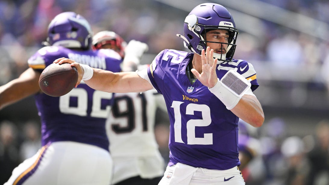 MINNEAPOLIS, MINNESOTA - AUGUST 16: Max Brosmer #12 of the Minnesota Vikings passes the ball during the fourth quarter of the NFL Preseason 2025 game against the New England Patriots at U.S. Bank Stadium on August 16, 2025 in Minneapolis, Minnesota.