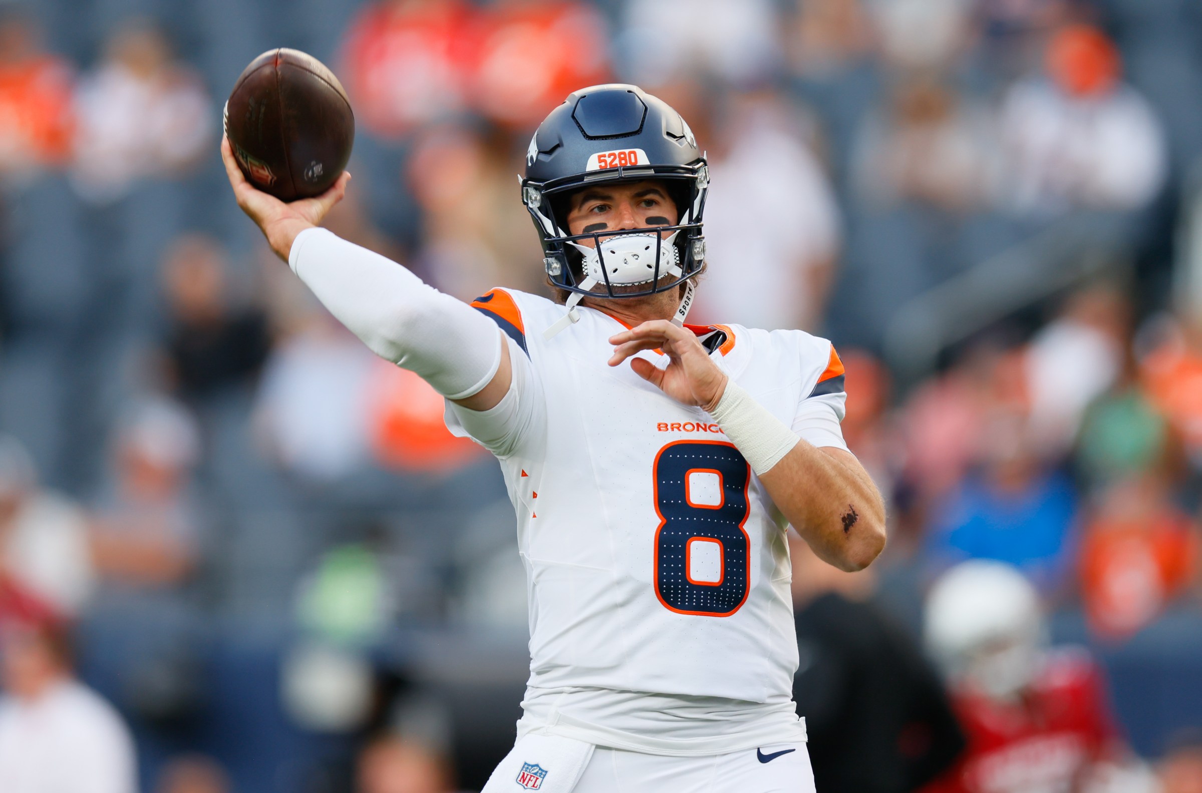 DENVER, CO - AUGUST 16: Jarrett Stidham #8 of the Denver Broncos warms up before the NFL Preseason 2025 game against the Arizona Cardinals at Empower Field at Mile High on August 16, 2025 in Denver, Colorado. (Photo by Justin Edmonds/Getty Images)