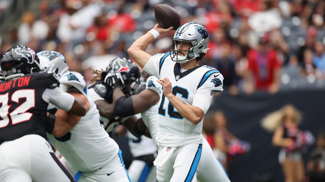HOUSTON, TEXAS - AUGUST 16: Jack Plummer #16 of the Carolina Panthers throws a pass in the first half against the Houston Texans during the NFL Preseason 2025 game at NRG Stadium on August 16, 2025 in Houston, Texas.