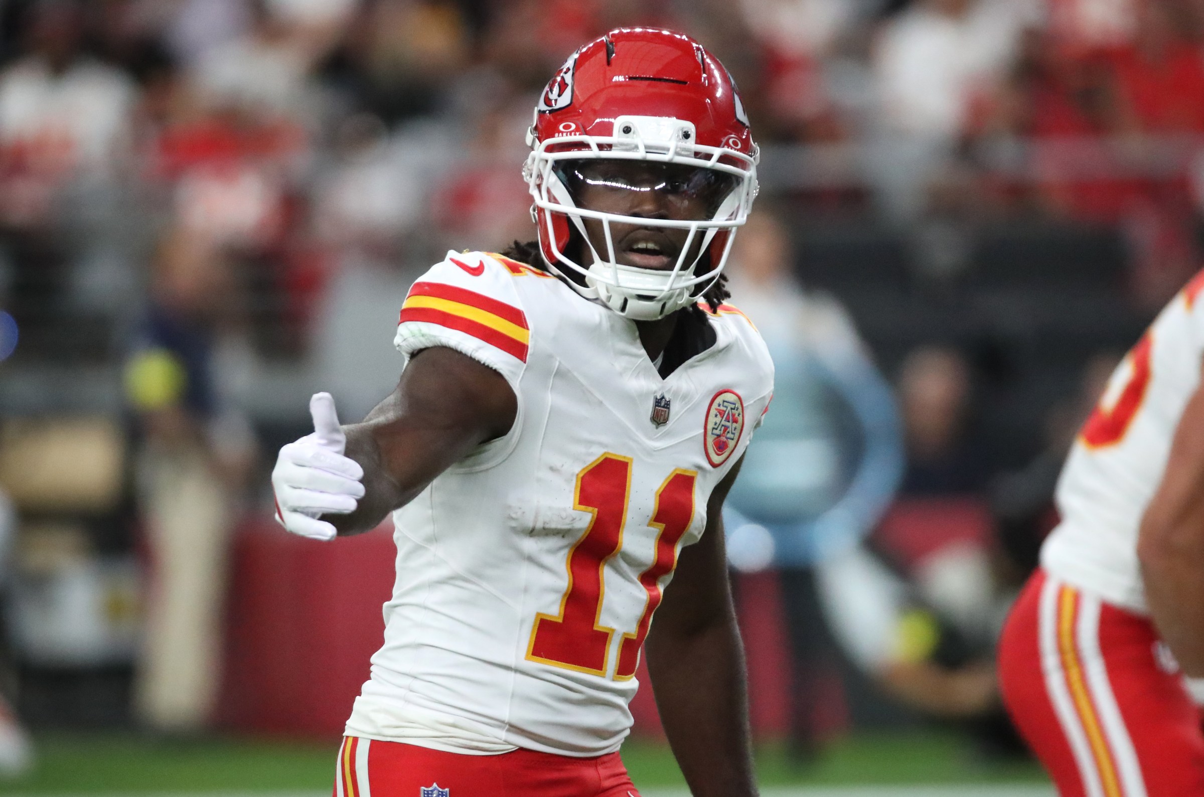 GLENDALE, ARIZONA - AUGUST 9: Wide receiver Jalen Royals #11 of the Kansas City Chiefs signals the referee before the play begins during the first half of the NFL Preseason 2025 game between Kansas City Chiefs and Arizona Cardinals at State Farm Stadium on August 9, 2025 in Glendale, Arizona. (Photo by Bruce Yeung/Getty Images)