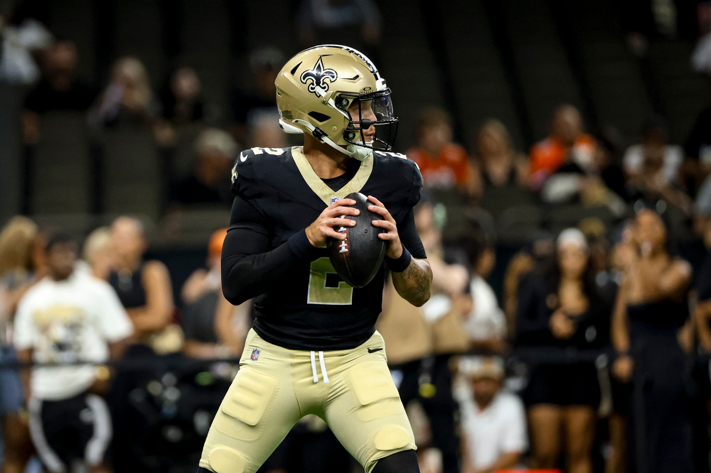 NEW ORLEANS, LOUISIANA - AUGUST 23: Spencer Rattler #2 of the New Orleans Saints warms up before an NFL Preseason 2025 game against the Denver Broncos at the Caesars Superdome on August 23, 2025 in New Orleans, Louisiana. (Photo by Derick E. Hingle/Getty Images)