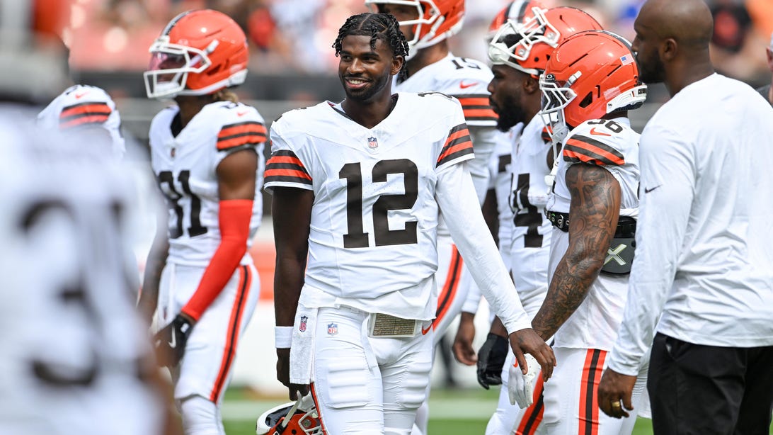 CLEVELAND, OHIO - AUGUST 23: Shedeur Sanders #12 of the Cleveland Browns looks on prior to an NFL Preseason 2025 game against the Los Angeles Rams at Huntington Bank Field on August 23, 2025 in Cleveland, Ohio.