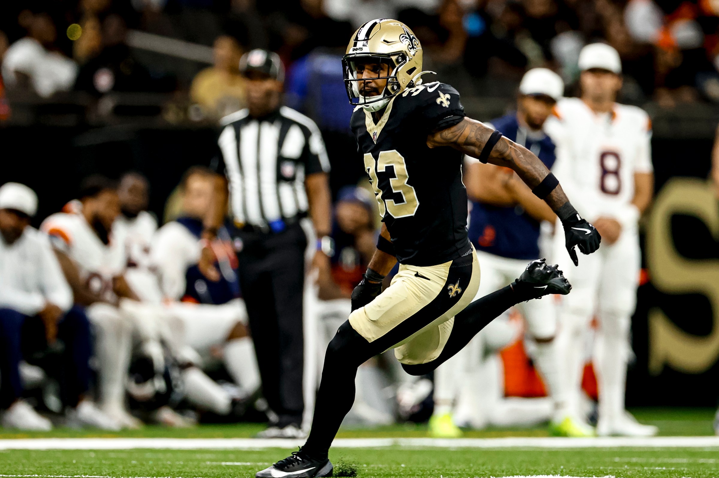 NEW ORLEANS, LOUISIANA - AUGUST 23: Jonas Sanker #33 of the New Orleans Saints in coverage against the Denver Broncos during the second half of an NFL Preseason 2025 game at the Caesars Superdome on August 23, 2025 in New Orleans, Louisiana. (Photo by Derick E. Hingle/Getty Images)