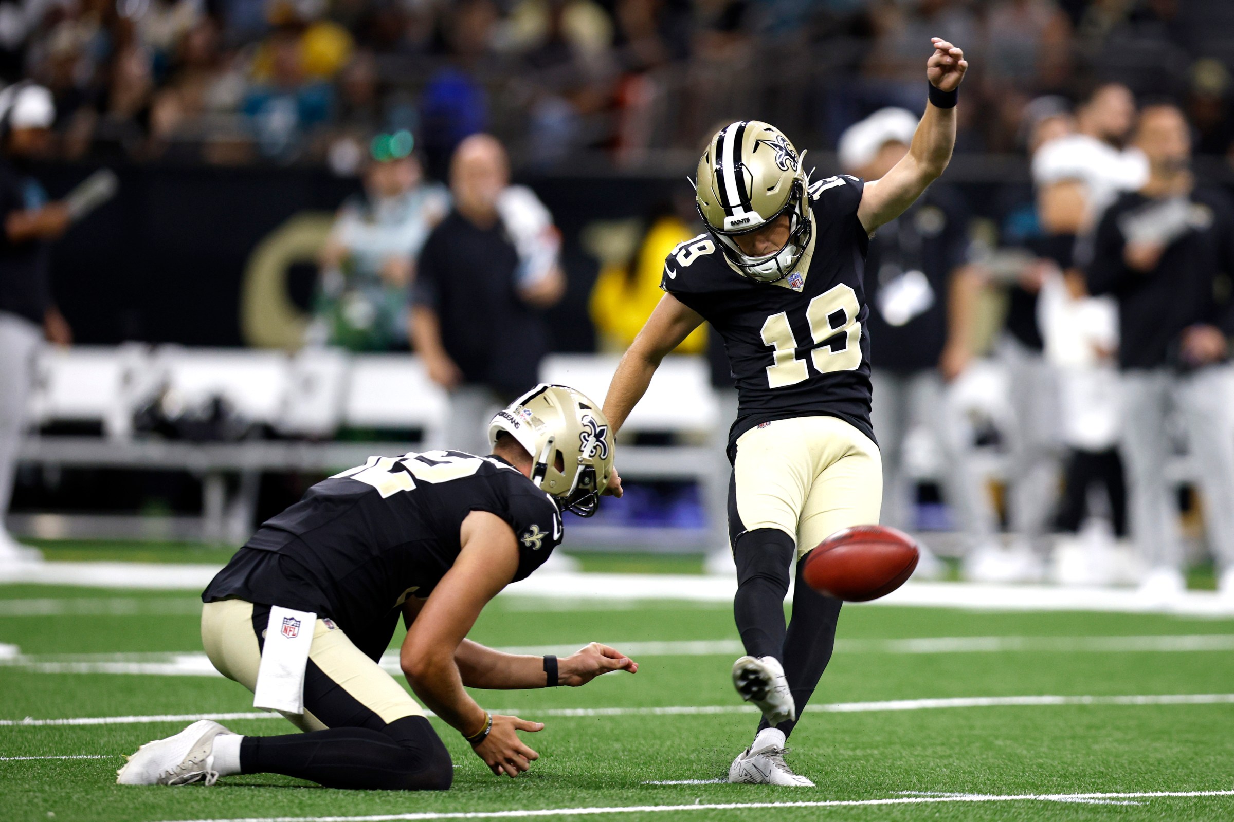 NEW ORLEANS, LOUISIANA - AUGUST 17: Blake Grupe #19 of the New Orleans Saints kicks a field goal during the second quarter of a NFL Preseason 2025 game against the Jacksonville Jaguars at Caesars Superdome on August 17, 2025 in New Orleans, Louisiana. (Photo by Sean Gardner/Getty Images)