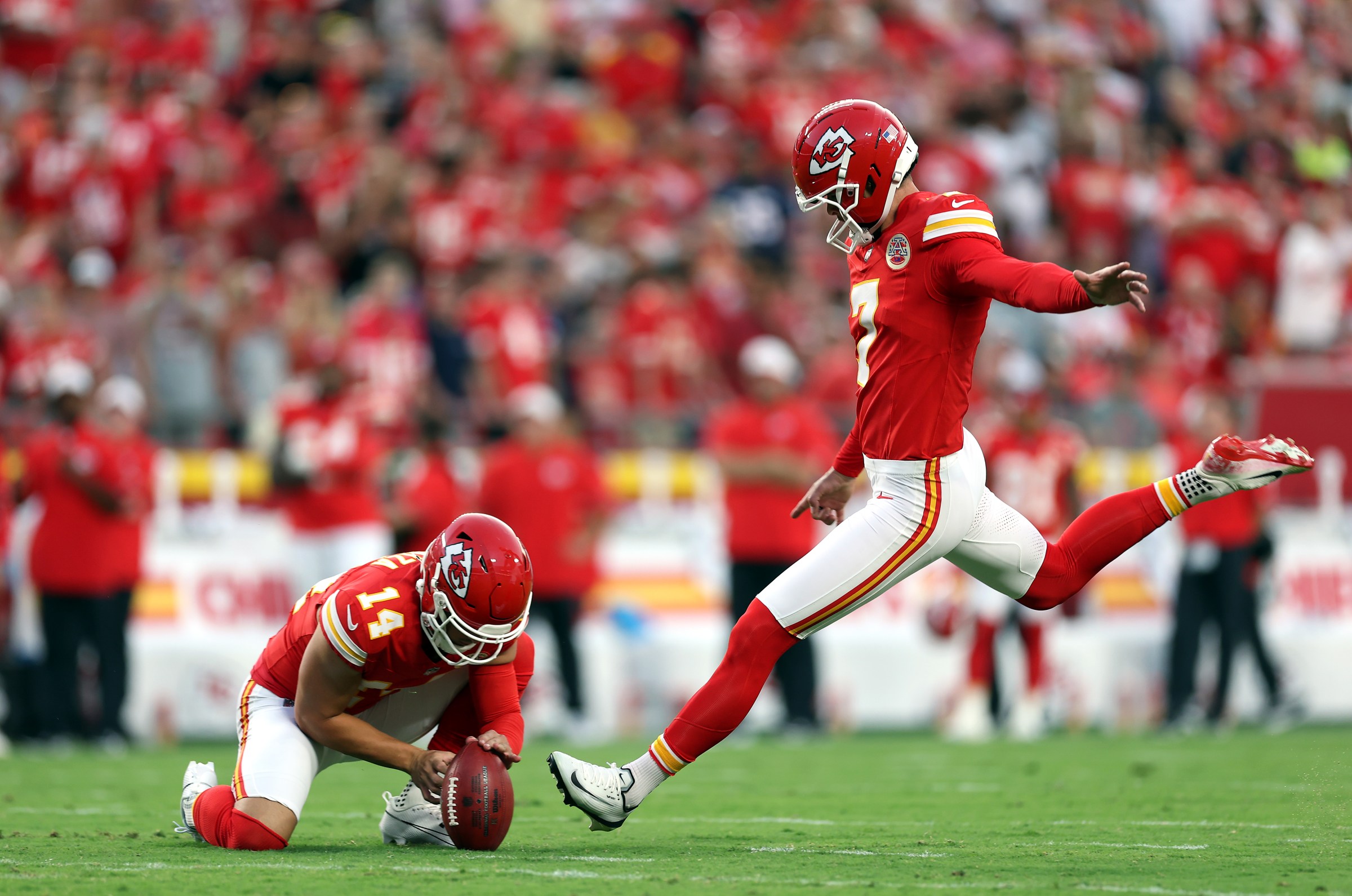 KANSAS CITY, MISSOURI - AUGUST 22: Place kicker Harrison Butker #7 of the Kansas City Chiefs kicks a field goal during the first quarter of the NFL Preseason 2025 game against the Chicago Bears at Arrowhead Stadium on August 22, 2025 in Kansas City, Missouri. (Photo by Jamie Squire/Getty Images)