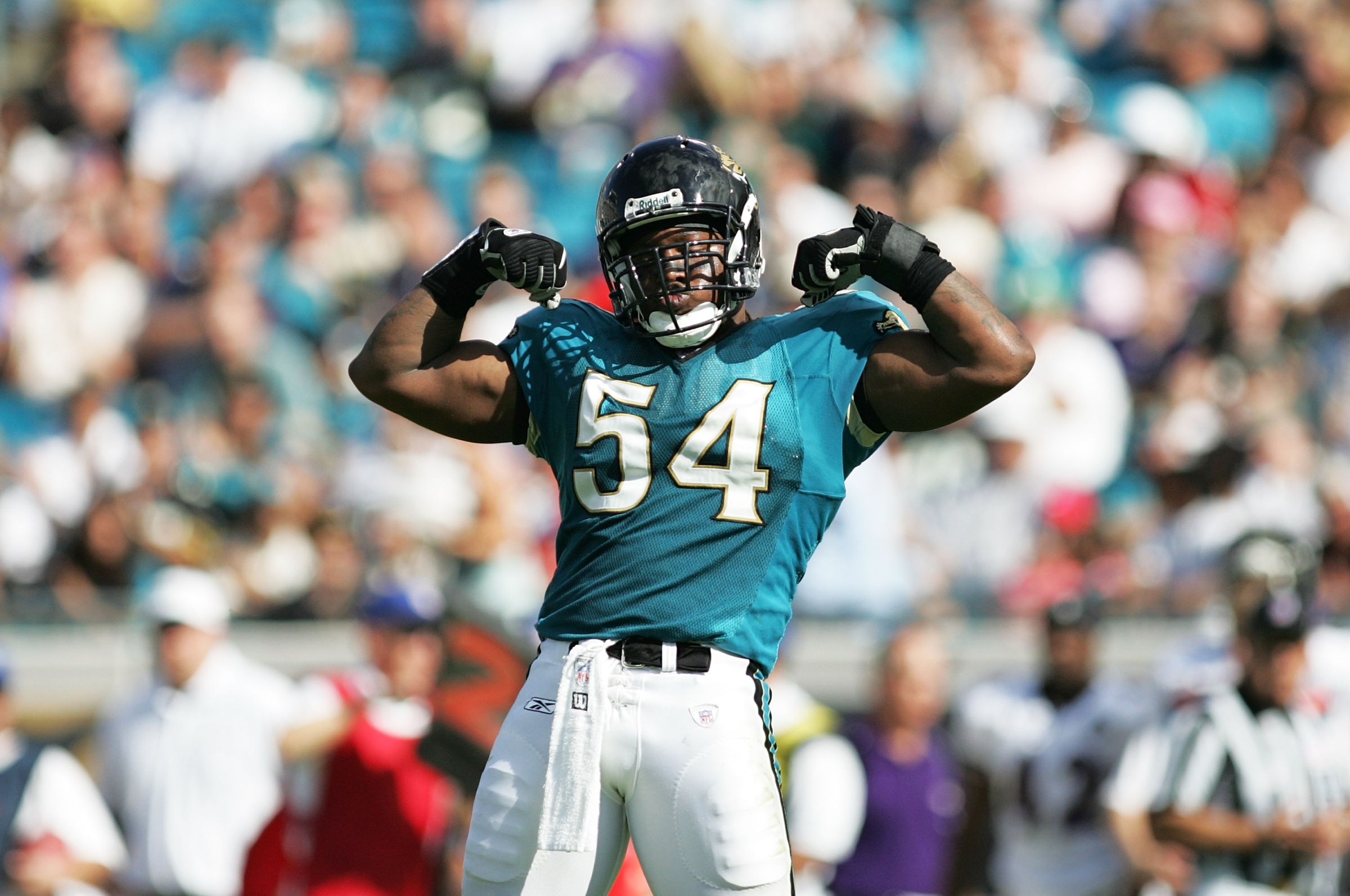 JACKSONVILLE, FL - NOVEMBER 13: Linebacker Mike Peterson #54 of the Jacksonville Jaguars celebrates after sacking quarterback Kyle Boller #7 of the Baltimore Ravens at Alltel Stadium on November 13, 2005 in Jacksonville, Florida. (Photo by Doug Benc/Getty Images)