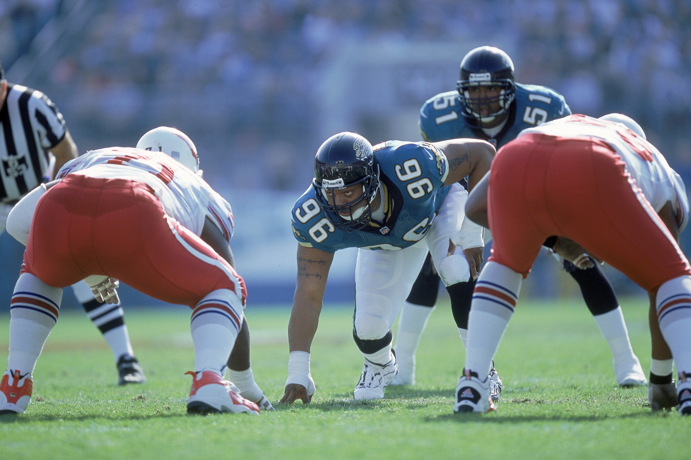 10 Dec 2000: Gary Walker #96 of the Jacksonville Jaguars gets ready to move at the snap during the game against the Arizona Cardinals at the Alltell Stadium in Jacksonville, Florida. The Jaguars defeated the Cardinals 44-10.Mandatory Credit: Craig Jones /Allsport