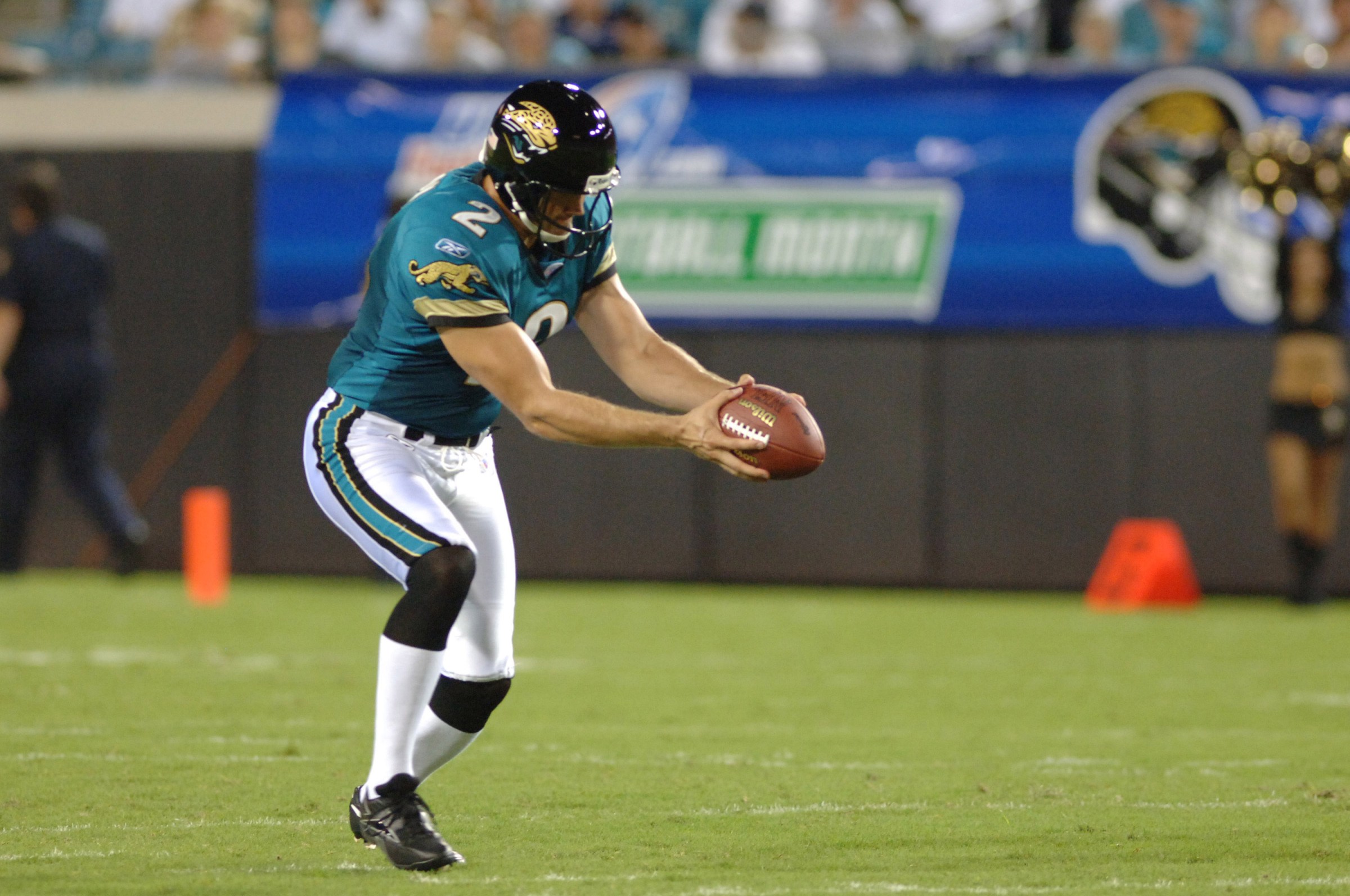 Jacksonville Jaguars punter Chris Hanson sets for play in the rain against the Atlanta Falcons in a pre-season game August 25, 2005 in Jacksonville. (Photo by Al Messerschmidt/Getty Images)