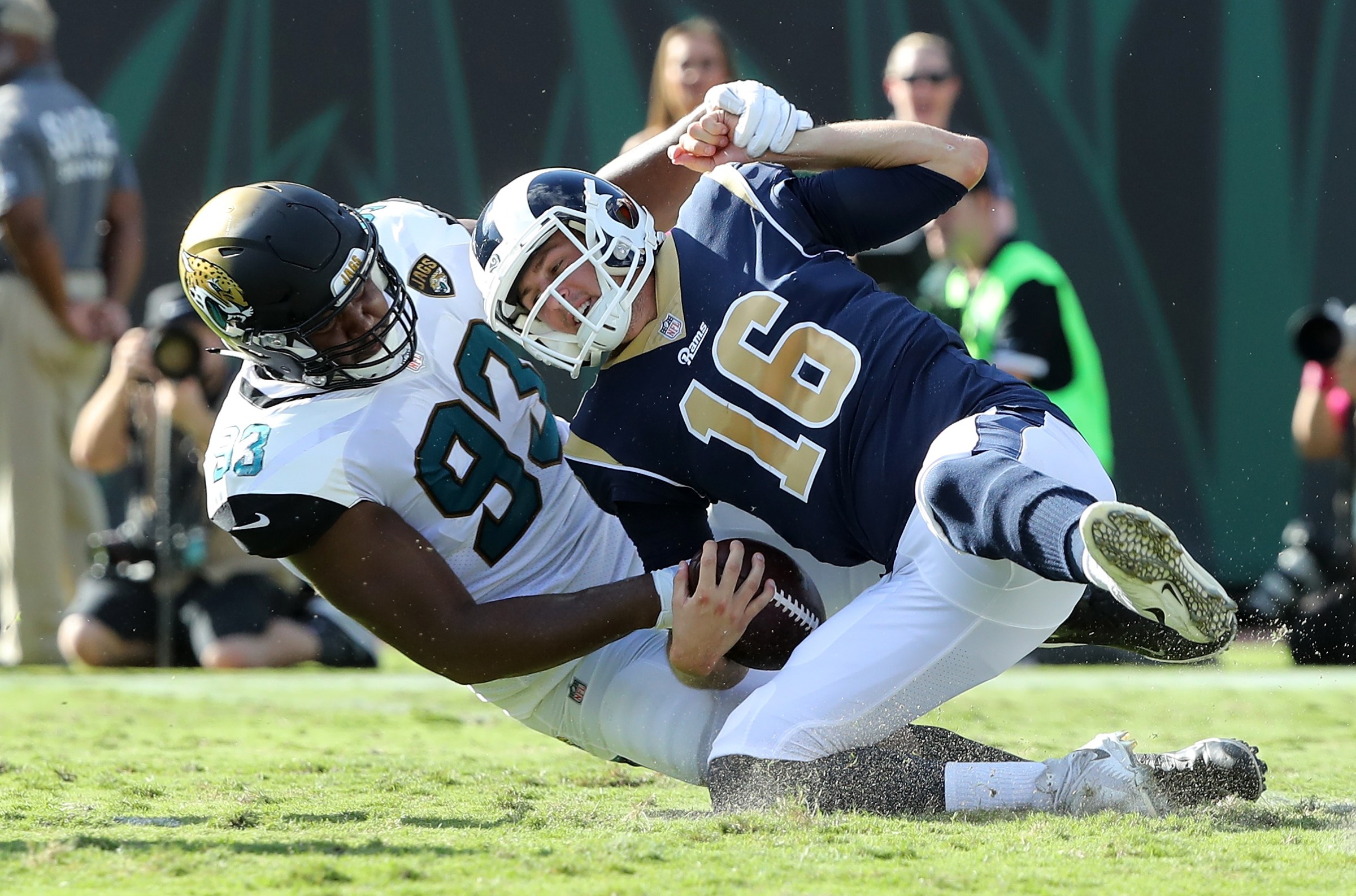 JACKSONVILLE, FL - OCTOBER 15: Calais Campbell #93 of the Jacksonville Jaguars sacks Jared Goff #16 of the Los Angeles Rams in the first half of their game against the Jacksonville Jaguars at EverBank Field on October 15, 2017 in Jacksonville, Florida. (Photo by Sam Greenwood/Getty Images)