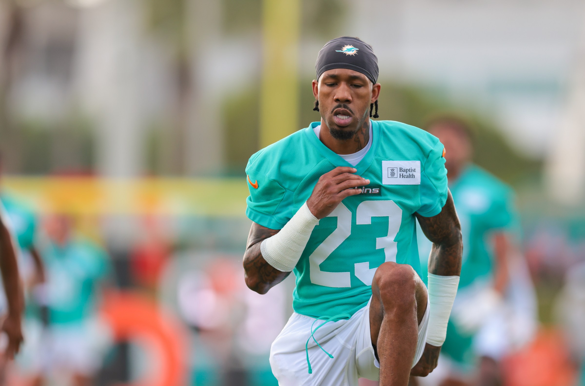 Jul 28, 2025; Miami Gardens, MI, USA; Miami Dolphins cornerback Jack Jones (23) works during training camp at Baptist Health Training Complex. Mandatory Credit: Sam Navarro-Imagn Images