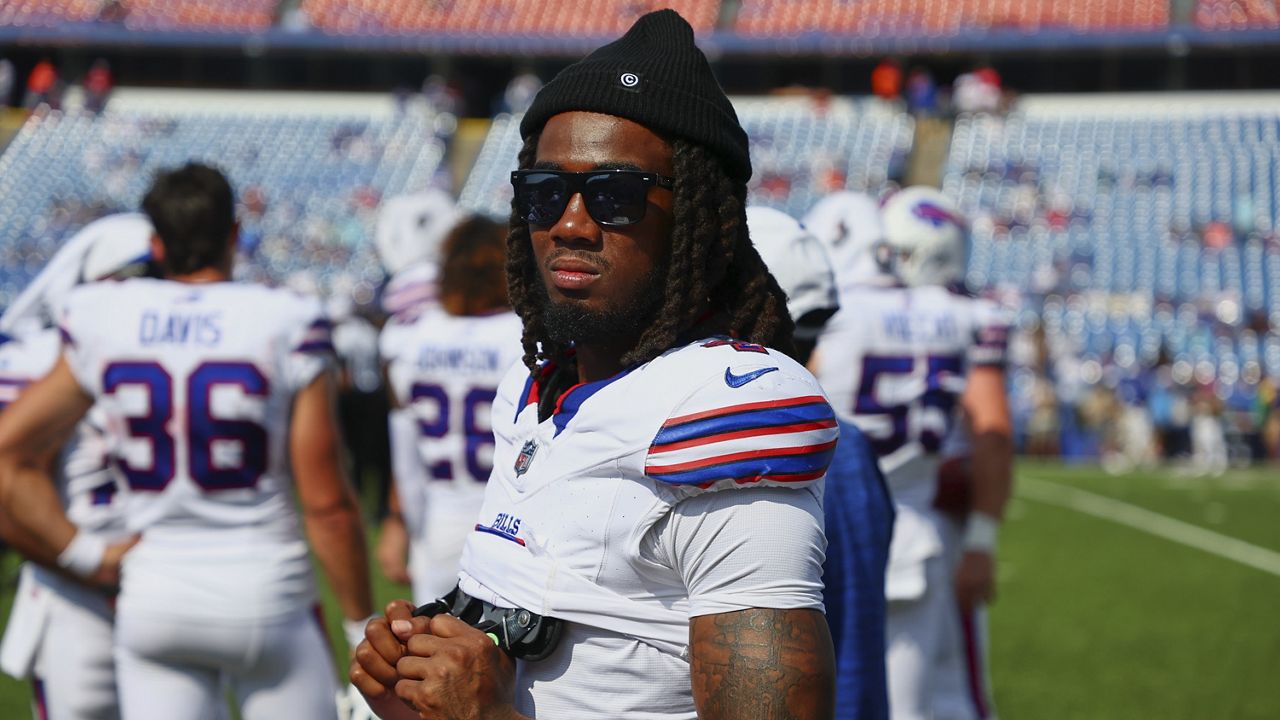 Buffalo Bills' James Cook stands on the sidelines during the second half of an NFL preseason football game against the New York Giants Saturday, Aug. 9, 2025, in Orchard Park, N.Y. (AP Photo/Jeffrey T. Barnes)