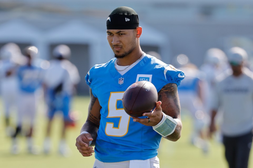 Trey Lance, Los Angeles Chargers quarterback, at training camp.