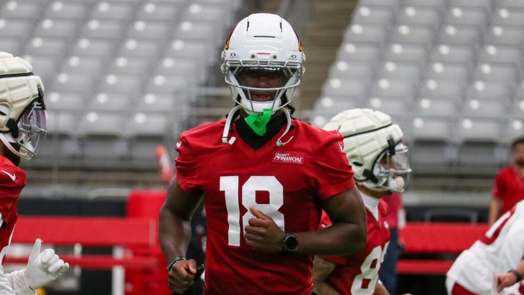 Marvin Harrison Jr. looks on during training camp practice....