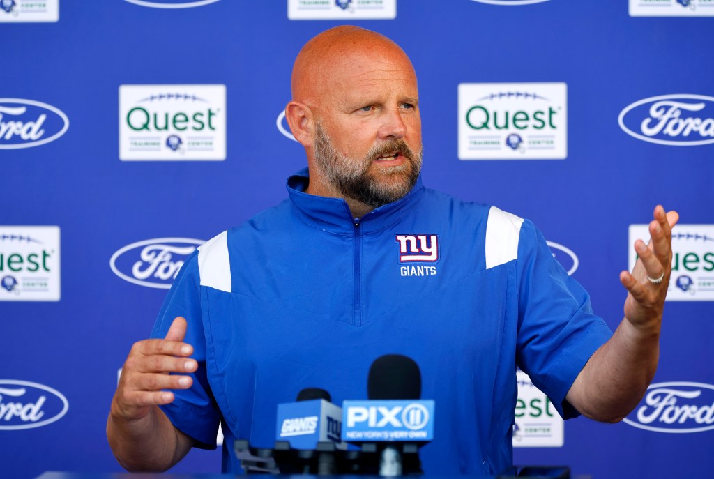 Giants head coach Brian Daboll answers questions from reporters during practice, Monday, Aug. 25, 2025.